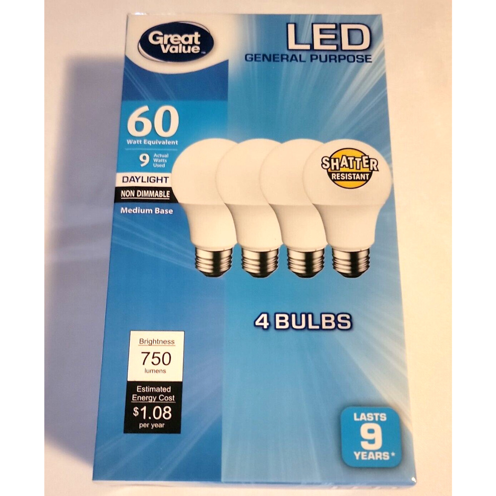 Great Value LED 4 pack 9W Daylight Light Bulbs Shatter Resistant Non Dimmable